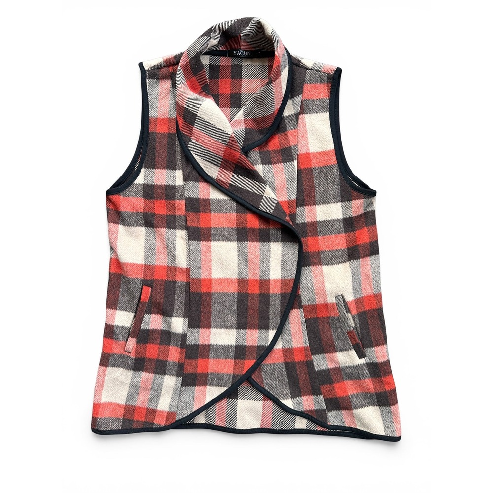 Yacun‎ Plaid Drape Front Vest Womens Large Red Black Excellent Fleece Open Wrap